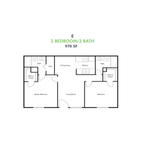 Floor plan for 2 beds, 2 baths, 970 sqft